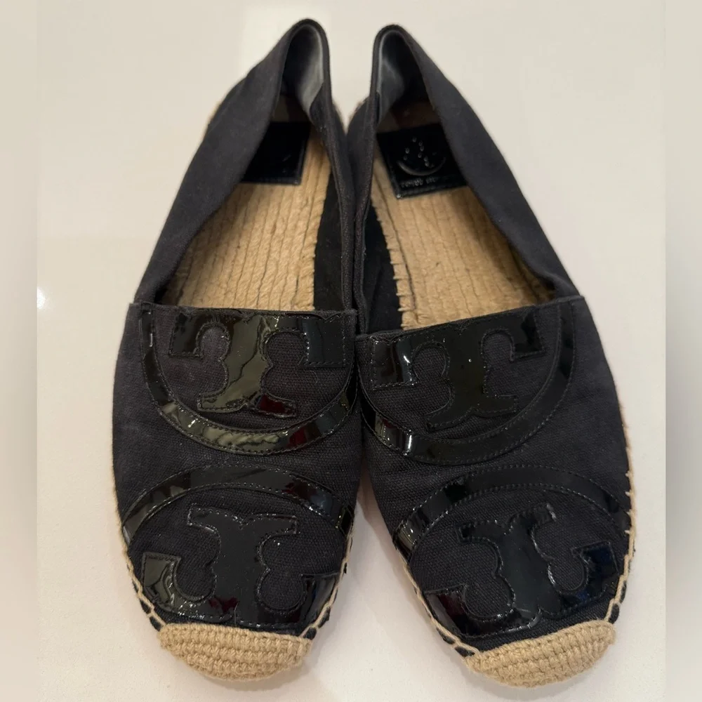 Tory Burch Poppy‎ Espadrille Flats Black Canvas Patent Leather Logo 10M